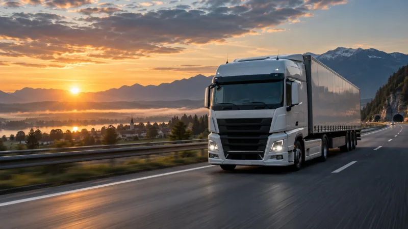 Camion de transport pe autostradă la răsărit
